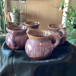 4 Mugs Drip Glaze Pottery Lavender, Tan & Rust-Beautiful.